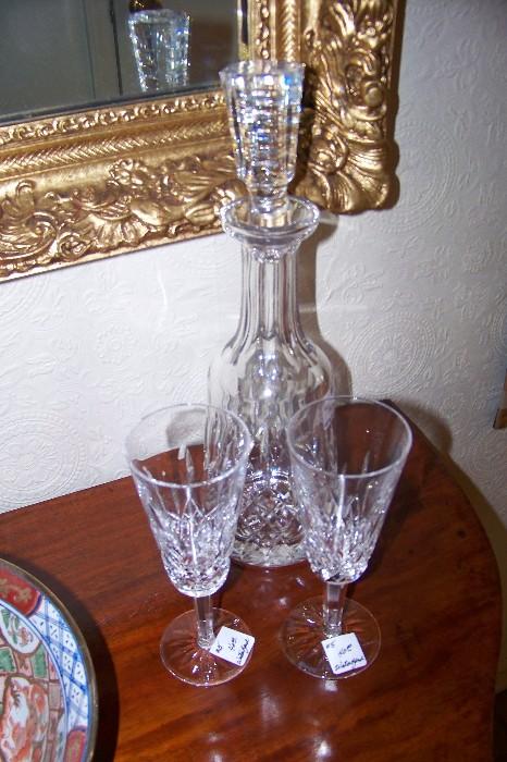 Waterford decanter and two Waterford flutes