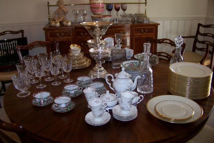 Waterford crystal, Lenox china, Limoges teaset; decanters, etc.