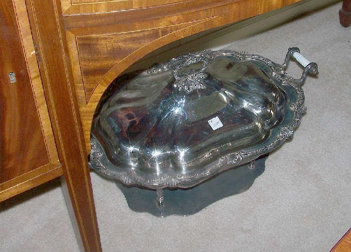 Large silverplate serving dish on stand