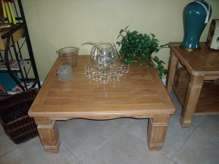 Light wood coffee table with Princess House Brandy Snifter punch bowl and glass ice buckets