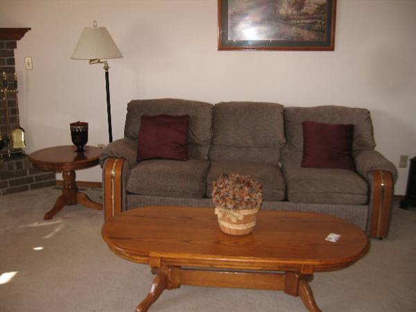 Sofa, Oak Coffee Table, Lamp, End Table, Pictures