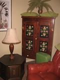 Pie cabinet, end table, lamp