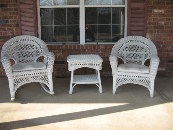 WHITE WICKER ROCKER, CHAIR AND TABLE