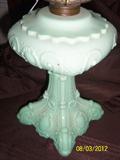 LIGHT GREEN MILK GLASS;PRINCESS FEATHER;9.5" tall;LONG STEM;1890 CIRCA