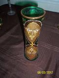 ANOTHER GREEN GLASS WITH GOLD HAND PAINTING - VASE - APPROX 8" TALL