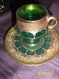 GOLD HAND PAINTED GREEN CUP AND SAUCER --  NICE DETAIL
