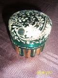 ENAMELED GREEN GLASS - TRINKET BOX?
