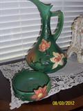 GREEN ROSEVILLE PITCHER EWER MAGNOLIA PATTERN -  #15  -  15" TALL ALSO CLEMATIS BOWL / PLANTER