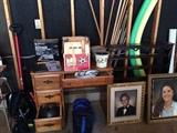 desk, frames, bowling ball and bag, old 8mm movie player