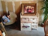 antique baby stroller, wicker dresser, frames