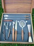1960's-era bar set complete in beautiful teak wooden display box.
