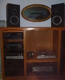Speakers (3 sets), Realistic NovaPro headphones, Panasonic SL-PD349 5 CD changer, Magnavox VHS HQ 4-head VCR, Allied AM/FM stereo receiver/amplifier, Fisher MT-640 turntable - all circa 1980. Garrard turntable, radios, microphone. Wooden stereo component cabinet and oval mirror also for sale.