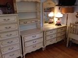 Henry Link girls twin bedroom set. Tallboy, bookcase, lowboy/mirror, desk/chair, night stand. Various lamps and tv with wall mount.