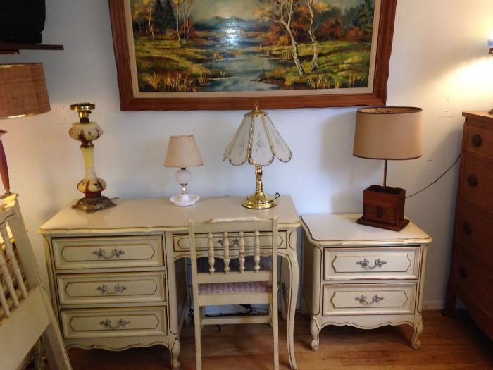 M. Marquez oil landscape, vintage hurricane lamp (left) top piece and hurricane has broken :( - vintage milk glass lamp, brass touch lamp, oak lamp. Chest of drawers with a matching lowboy (lowboy not pictured).