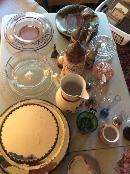Serving Dishes, German Beer Steins, Mirrored Trivets, Pitchers