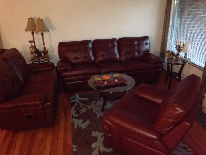 BURGUNDY FAUX LEATHER COUCH, LOVESEAT & CHAIR
