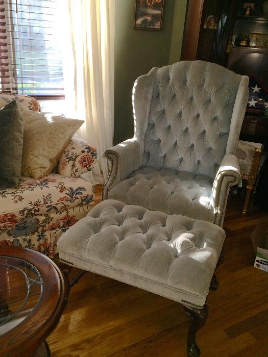 Beautiful traditional furniture in excellent condition including this tufted wing chair & matching ottoman 
