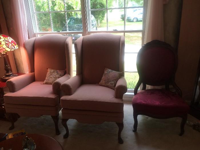 #32 (2) pink wing back chairs by King Hickory $75 ea