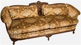 Antique Sofa with gorgeous dark carved detailed wood with brand new Damask Gold/brown/silver designer upholstery. 450.