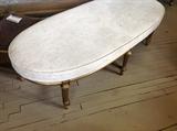 Newly upholstered vintage bench, ivory embossed velvet with gold legs 225.