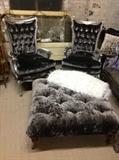 1 pair of couture grey velvet chairs in vintage avante garde frames with pewter paint and rhinestone detail 450. each, coffee table ottoman 450. 