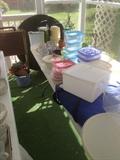 Tupperware, gladware, misc. plastic wear, old tv trays, round table