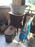 copper tub w/metal top $95, wash stand $75, golf clubs w/stand..$10
