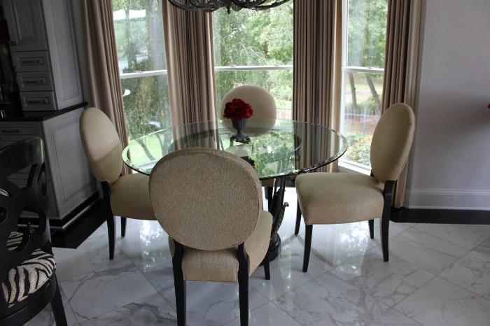 Black & Gold Gild Base Round Glass Top Dining Table and Round Back Upholstered Dining Side Chairs - 4 Available