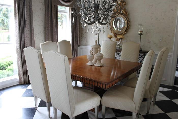 Tuscan Style Square Dining Table w/ Leaf and Swaim Upholstered High Back Rolling Dining Side Chairs - 12 Available