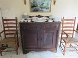Pair Ladder Back Chairs, Early Pine Sideboard 