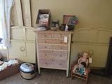 2 Twin Bed Frames Painted and Chest of Drawers, Old Patterns, Vintage Rocking Chair and Dolls 