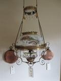 Super Hanging Kerosene Parlor Lamp with Cottage and Bridge Scene, includes prisms and Pull Down Mechanism