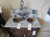 2 of 2 White Marble Top Commodes, Silverplate Caster Set, 2 Mocha Swirl Molds 