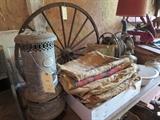 Old Feed Bags Heating Stove, Buggy Wheel Display Piece 