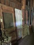 3 Old Wooden Doors, 2 exterior doors and one 5  panel interior door