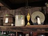Wooden Keg full of Red Barn Paint, Salt Glazed Crock, Grinding Wheel, Old Lamp 