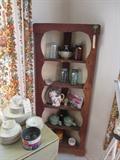 Corner Cabinet with Blue Canning Jars, Crockery Tea Pot 