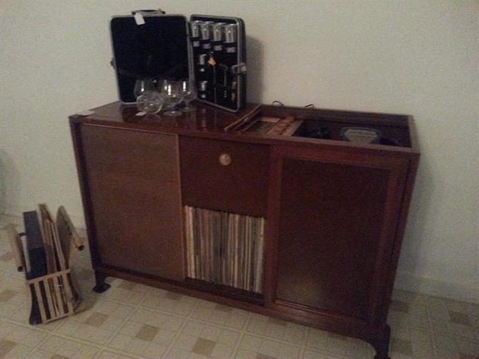 Cabinet Stereo with Turntable, Record Albums from 50's & 60 +

