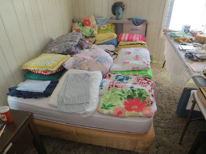 Queen bed, quilts, blankets, afghans