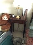 Cute tiny table and big monkey available. The doggy moved away. 