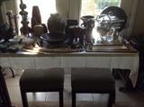 Pair nice square stools or benches, silverplate serving pieces and decorative items 