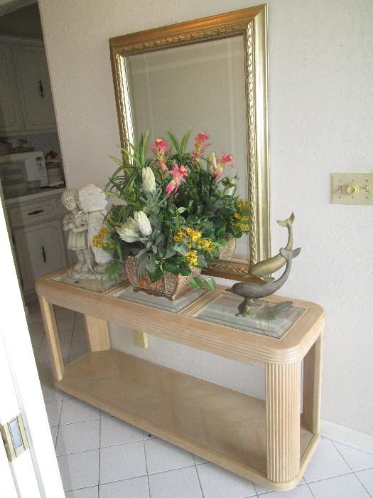 wood hall console and gilt mirror