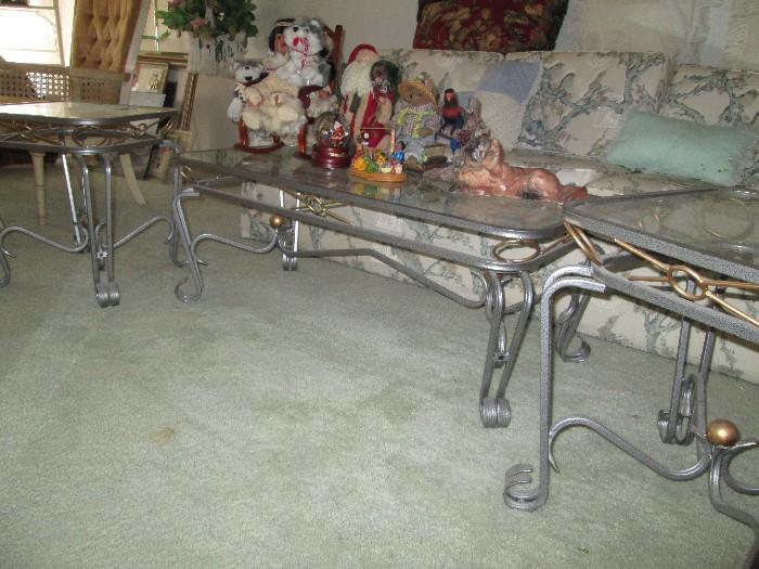 Set of three metal and glass coffee table and two end tables