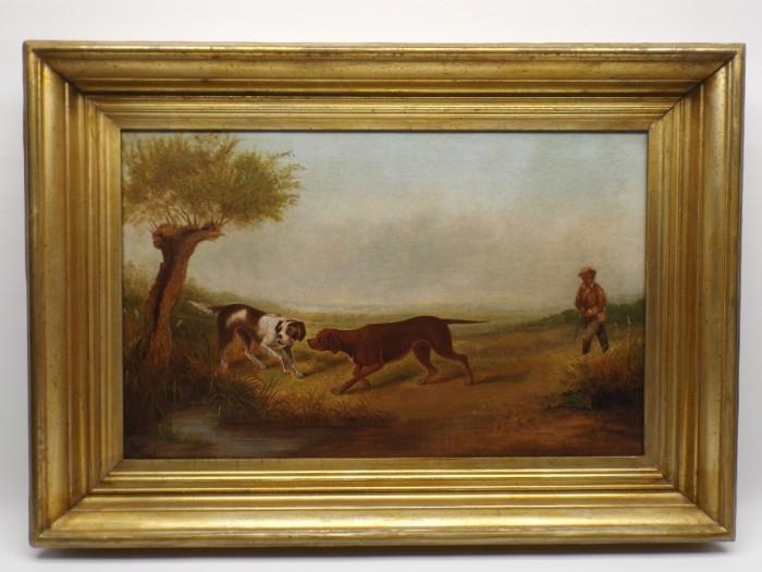 Antique 19th C. Hunting Scene w/ Hunter and Dogs
