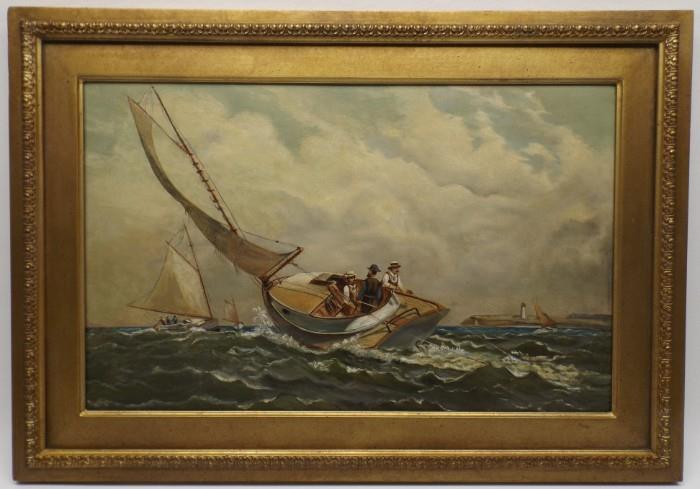 American School 19th C. Marine with Cat Boats Race
