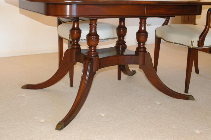 Dining room set by colonial manufacturing
 top grain leather top table custom finished with one leaf
2 captain chairs with arms with brass detailing
4 side chairs with brass detailing 

