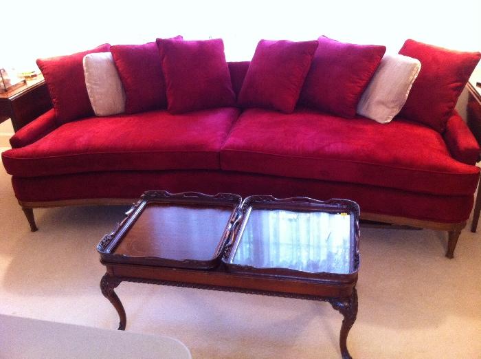 Newly re-upholstered red micro-suede curved front Sofa