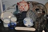 Mid century blue decanter with small shot glasses, and other entertaining serving pieces