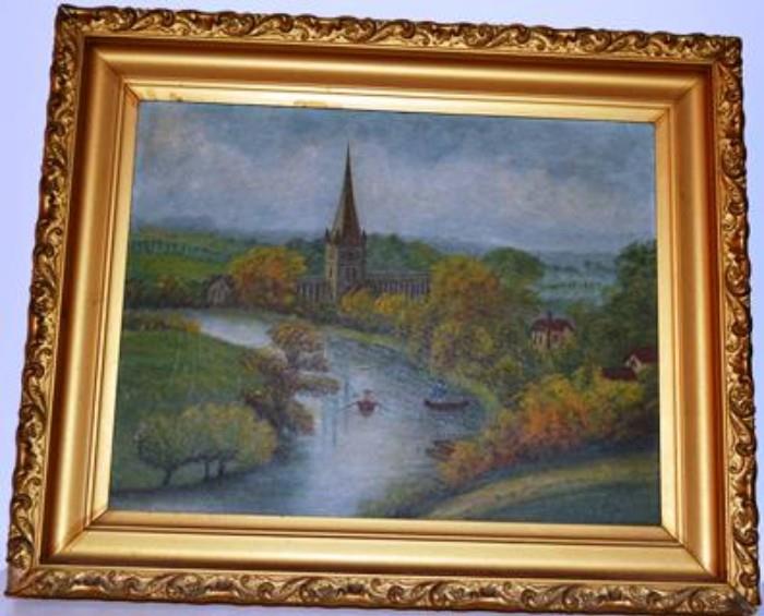 1 of 2 cathedral river scenes, small oil on canvas