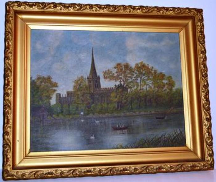 1 of 2 cathedral river scenes oil on canvas